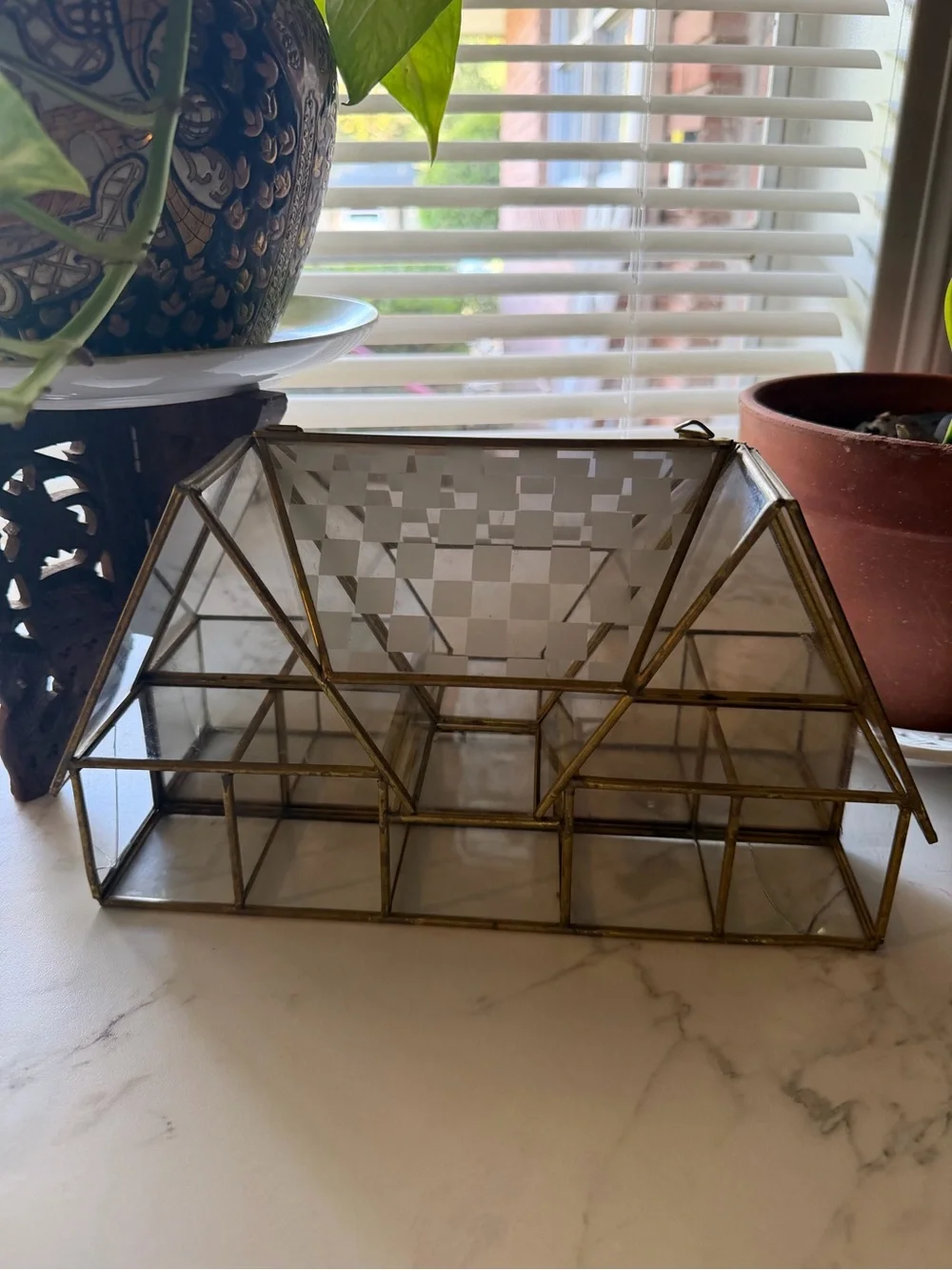 Vintage MCM Glass and Brass Tiered House Trinket Shelf - Gold